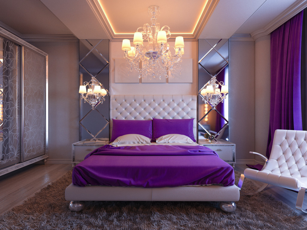 Chandelier and lamps in a posh bedroom
